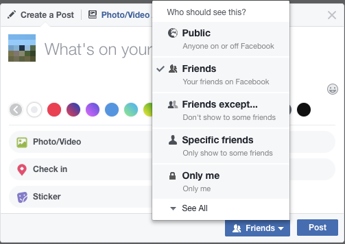 The sharing options on Facebook (as of May 2017)